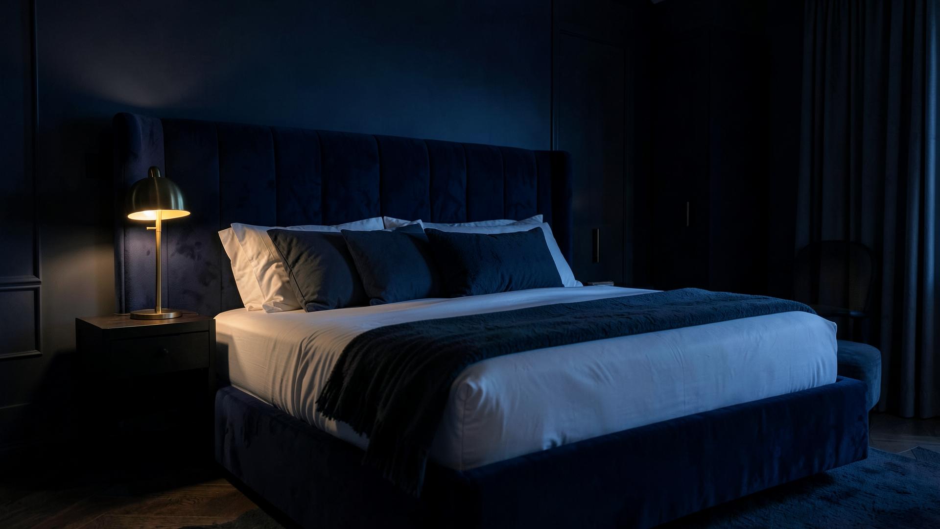 Quarto elegante com cama box e colchão em tons de azul-escuro